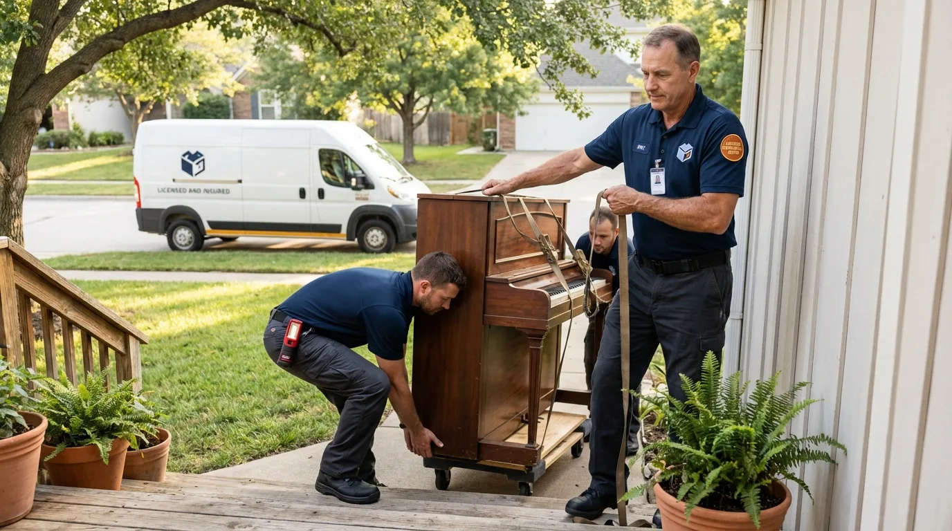 Licensed piano movers securing grand piano in Tecumseh, MI