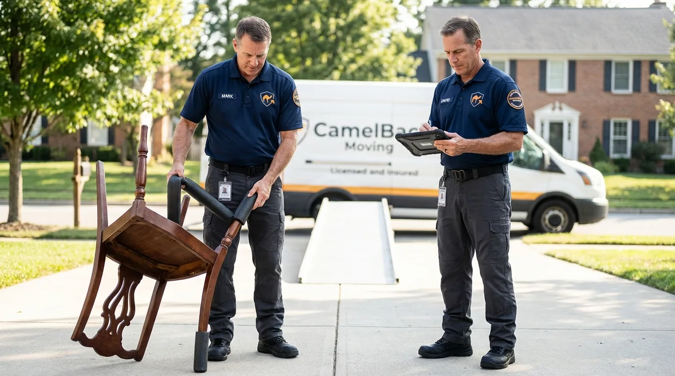 Movers inspecting furniture for damage prevention before loading in Tecumseh, MI