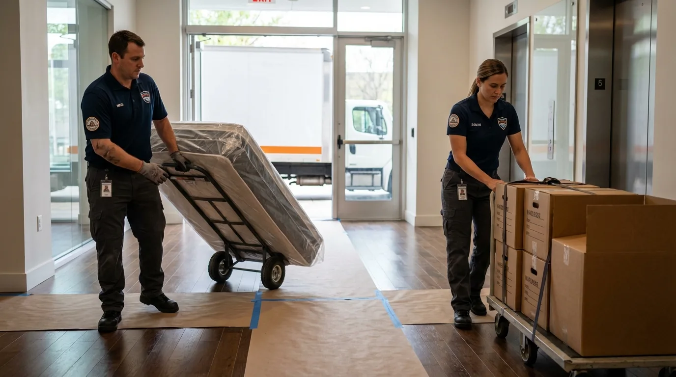 Professional apartment movers loading elevator in Tecumseh, MI
